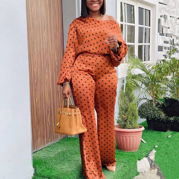 

women's two piece pants fashion women tracksuits 2021 autumn dot print slash neck long sleeves wide leg jogger pieces outfits, White