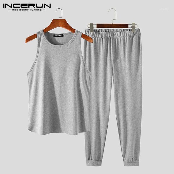 

men solid color pajamas sets incerun leisure sleeveless o neck elastic pants homewear 2 pieces male cozy sleepwear suit s-5xl 7 men's, Black;brown