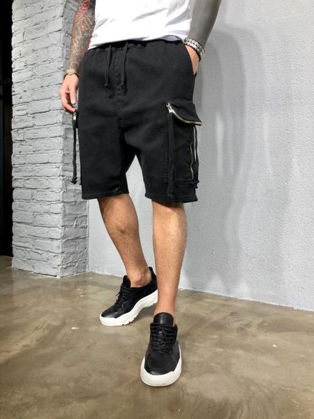 

2021summer men's plain color zippered pocket rope elastic straight tube loose shorts, White;black