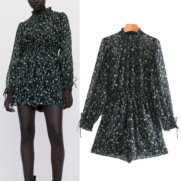 

vintage 2021 new printed chiffon short jumpsuit women fashion ruched high neck long sleeve elastic waist casual ladies jumpsuits zzbj pmpi, Black;white