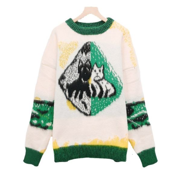 

sweater knit autumn and winter 2021 women's wear round neck long sleeve medium contrast color animal embroidery loose temperament ted, White;black