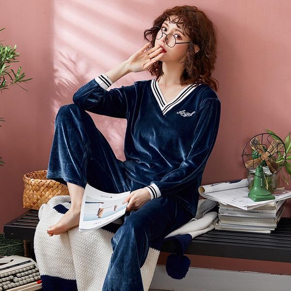 

spring autumn thin soft velvet pajamas set women full length sleepwear pijama korean home nightwear cardigan pyjamas dsfz, Black;red