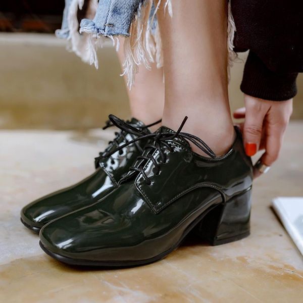

dress shoes autumn 2021 mirror patent block high heel ladies green black lace up heels square toe women pumps daily footwear