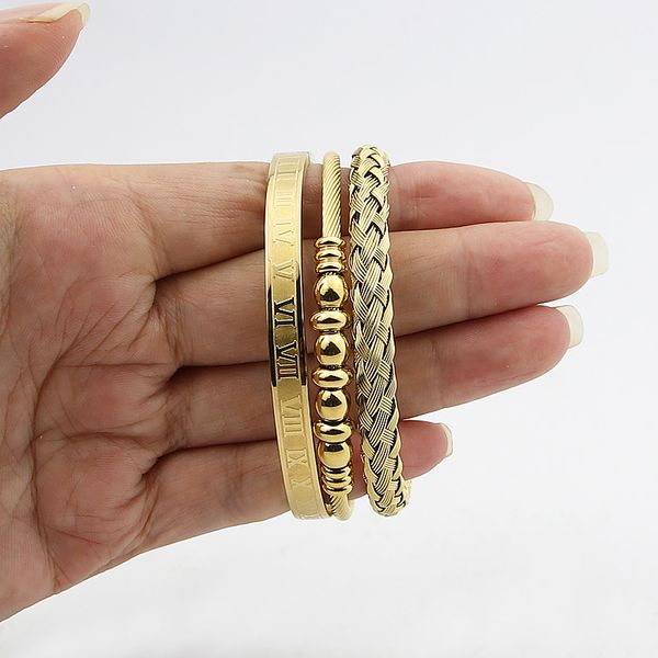 

3 pieces/set of fashion jjewelry stainless steel roman numerals beaded bangle woven c-shaped open bracelet for women wholesale, Black