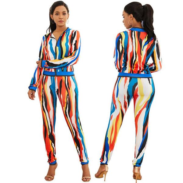 

women's tracksuits ahvit colourful striped streetwear fashion two piece set front zipper long sleeve and bodycon pencil pant tracksuit, Gray