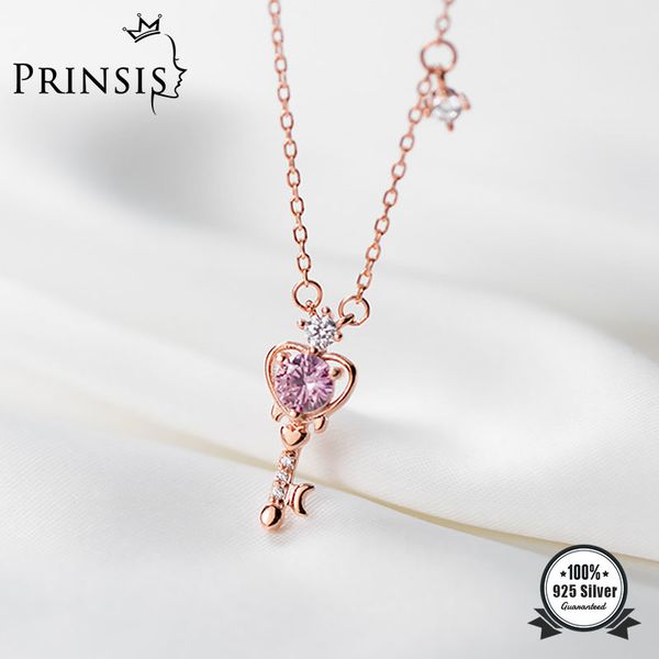 

prinsis real 925 sterling silver fashion romantic heart key pink cz necklace for women wedding valentine's day jewelry dp033 q0531