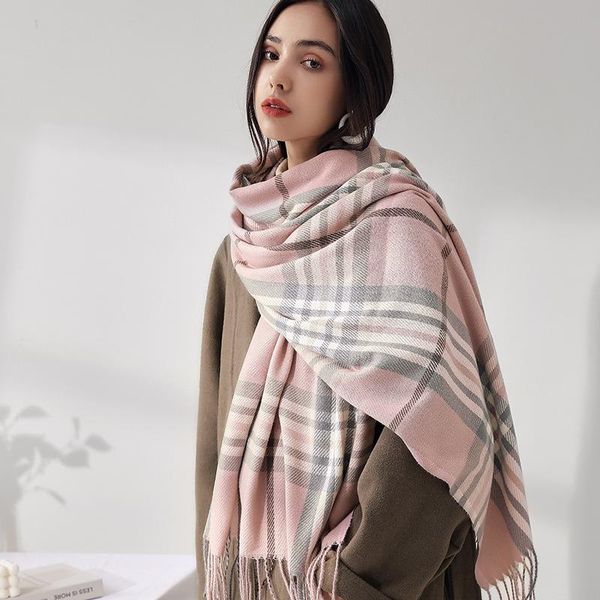 

hats, scarves & gloves sets 2021 fashion cashmere plaid women scarf autumn winter warm shawl wrap bandana long tassel female foular, Blue;gray