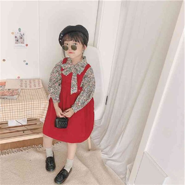 Mädchen Kinder Kleidung Sets Herbst Kleid Baby Kinder Kleine Frische Blumen Hemd + Riemen Rock Zweiteilige Set 210625