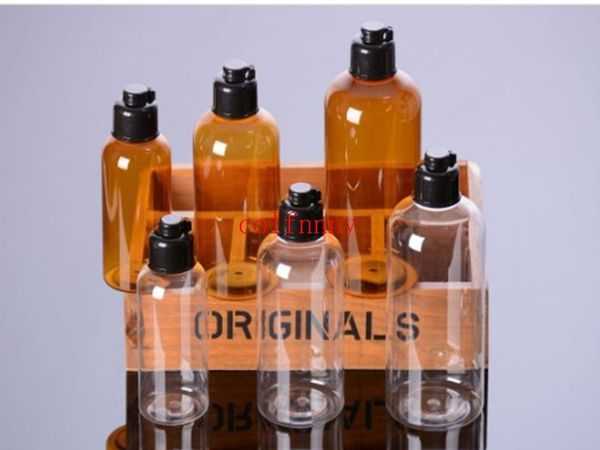 

100pcs/lot fast shipping 100ml 200ml 300ml pet amber and clear natural plastic bottles lotion containers with black flip