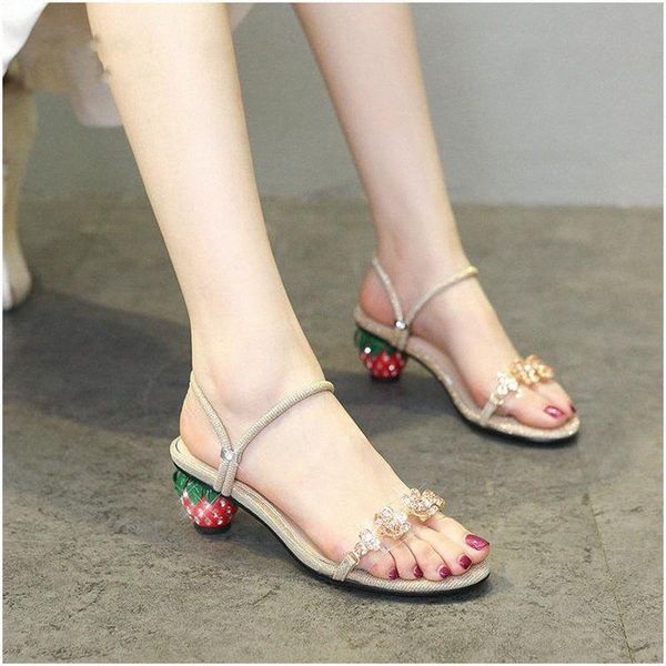 

net red summer sandals female 2020 rhinestone surest slippers fashion strawberry chunky heel sandals 87g4#, Black