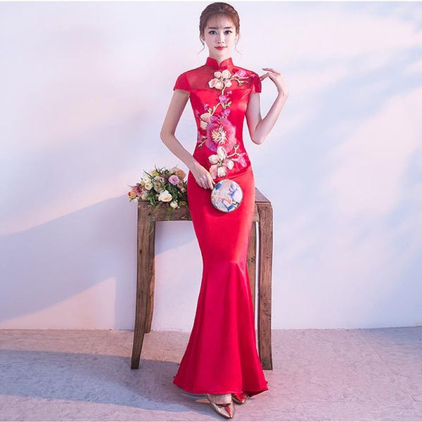 

red chinese style wedding cheongsam dress retro slim party evening dress marriage gown qipao vintage lady clothes vestidos