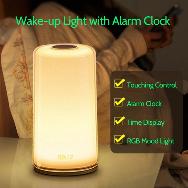 

2021 new simulation of sunrise wake-up light with touch control alarm clock bedside table rgb lamp at night to living room tns1