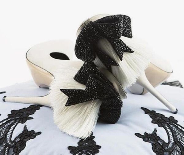 

dress shoes back crystal bowtie knot tassel wedding pumps ladies faux suede pointed toe fringed high heels female rhinestone stilettos, Black