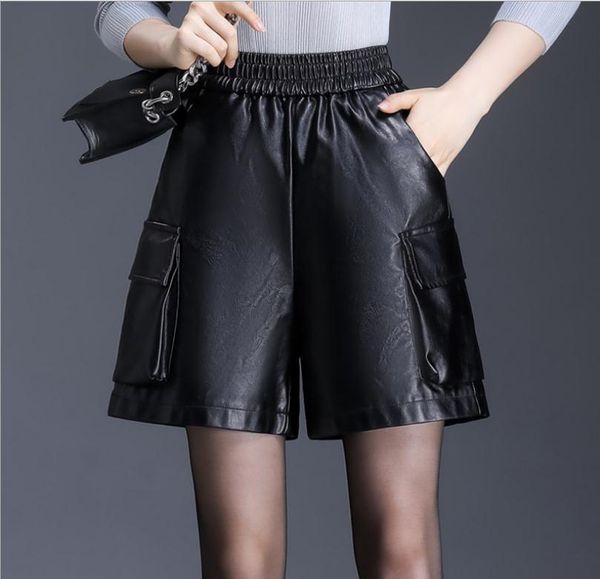 

women's shorts women winter autumn wide-legged pu leather casual black elastic waist female pockets leisure short jb13, White;black