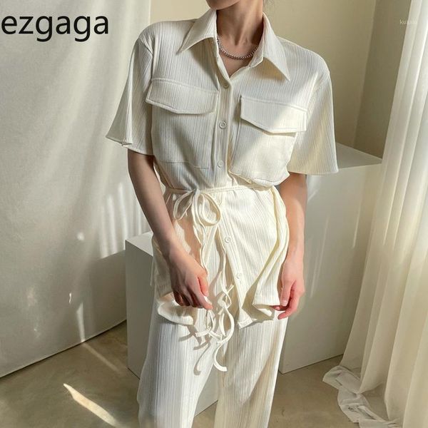 

women's blouses & shirts ezgaga elegant women korean chic summer 2021 simple turn-down collar lace-up pockets solid office lady blouse, White
