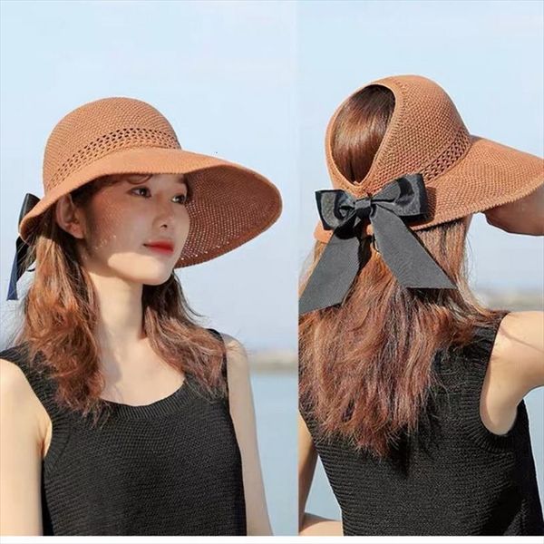 

women straw hat empty with big bow summer cap windproof rope sun protection outdoor sports fishing beach chapeau, Blue;gray
