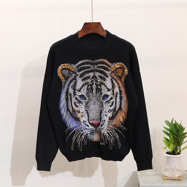 

autumn knitted sweater pants two piece set casual tiger beading sequins tracksuits women pullover trousers suit swzp, Blue