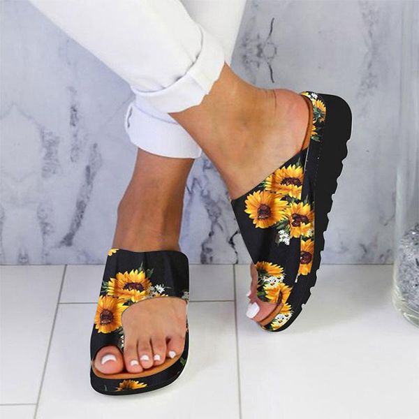 

women pu shoes comfy platform flat sole ladies casual sunflower soft big toe foot correction sandal orthopedic bunion corrector, Black