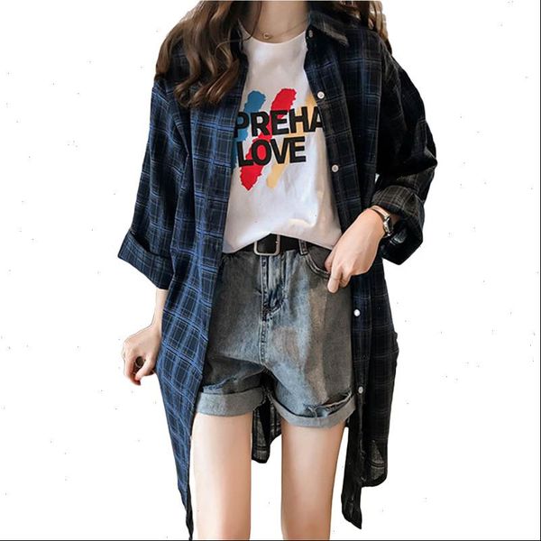

summer womens blouses shirt plaid 2021 bf long sleeve plus size long section women plaids shirts red blue yellow white