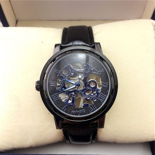 

winner roman hollow out manual mechanical men's watch belt, Slivery;brown