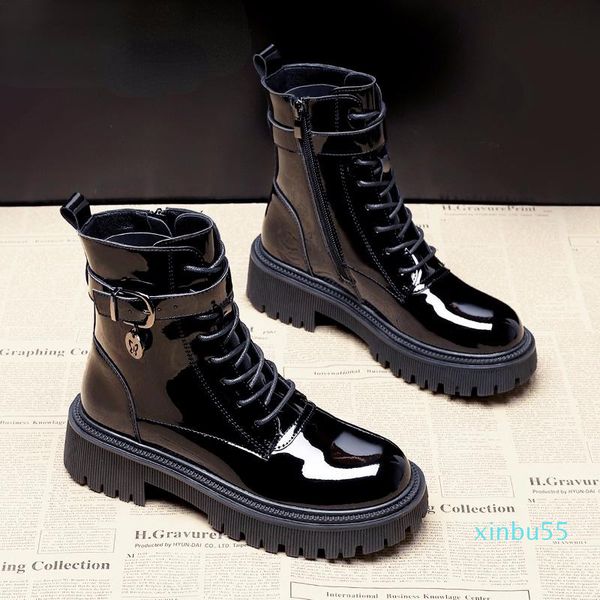 

boots winter ankle for women platform soft leather comfortable mid heels fashion black round toe