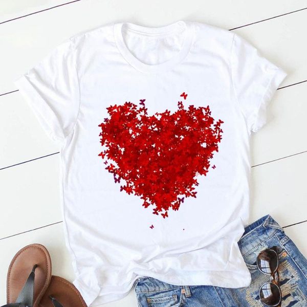 

women's t-shirt pink heart flower print women tshirt short sleeve clothes ladies womens graphic female t-shirts, White