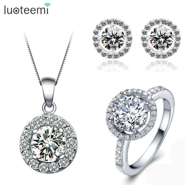 

earrings & necklace luoteemi engagement women cz jewelry set white gold-color inlay cubic zirconia pendant/ring/earrings for wedding, Silver
