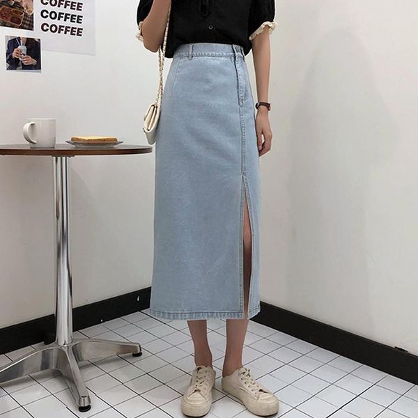 

skirts ailegogo summer female a line mid-calf denim women slim high waist split length plus sizes causal jeans, Black