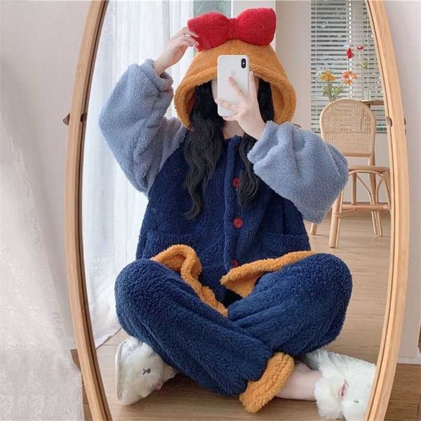 

sleepwear woman winter cute pajamas suit female sweet hooded bowknot long sleeve warm home service two-piece pajama set 211215, Black;red