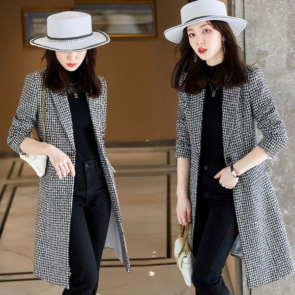 

women's wool & blends blended coat women autumn winter jacket plaid double breasted mid-long coats elegant lady woolen outerwear r1620, Black
