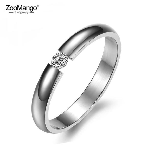 

wedding rings zoomango single crystal ring for women rose gold/white/black color stainless steel engagement jewelry gifts zr19101, Slivery;golden