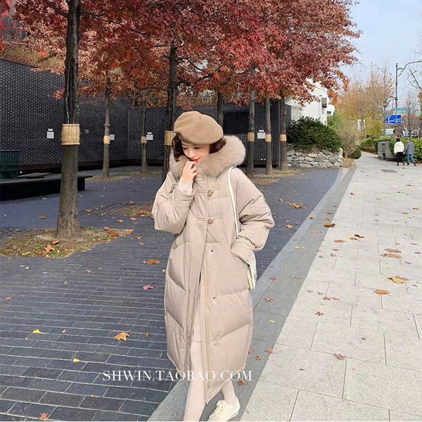 

net red same down women's middle long 2021 style big hair collar ox horn button over the knee thickened fashion, Black