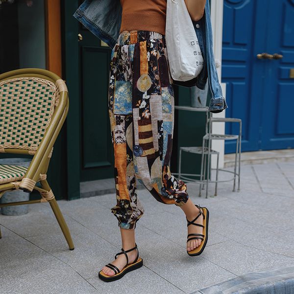 

2021 new bohemian trousers women chiffon baggy summer beach pants elastic wasit print boho aesthetic pant ieoc, Black;white