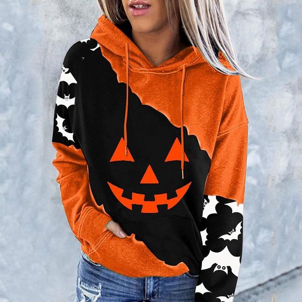 

women's hoodies & sweatshirts women fashion halloween printed long sleeve hooded casual loose autumn winter simple solid pullover spor, Black