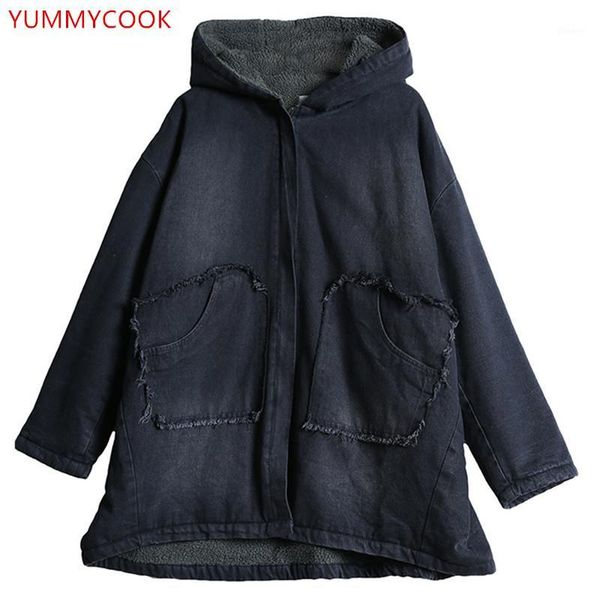 

yummycook 2018 winter new plus velvet thick large size hooded women's clothing loose warm denim cotton clothing coat female a4821, Black