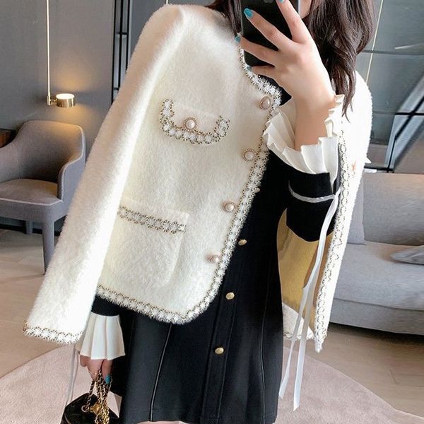

autumn fashion design women's o-neck long sleeve mohair wool fabric elegant short jacket coat casacos smlxl, Black;brown