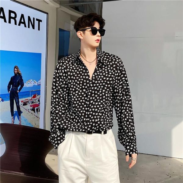 

korean fashion personality star pattern printing trend shirt men's street casual all-match slippery long-sleeved shirt male, White;black
