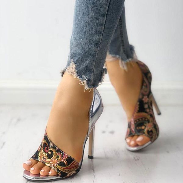 

sandals mature silver women thin high heel shiny party shoes 2021 summer open toe cover female fashion, Black