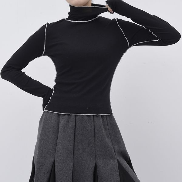 

[eam]2021new spring autumn high collar long sleeve solid color black reffles split joint loose t-shirt women fashion tide je155 210315, White