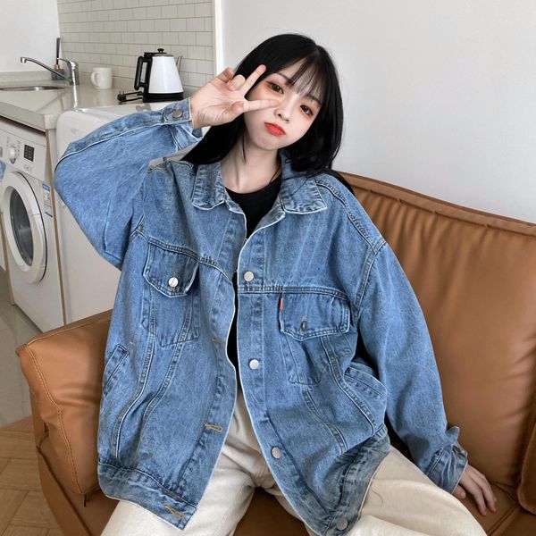 

2021 spring female turn down collar single breasted long-sleeved panelled print denim blue jacket cardigan coat 8y837, Black;brown