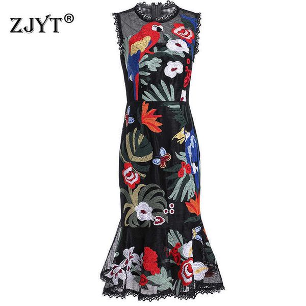 

floral birds embroidery mesh trumpet dress runway summer clothes women sleeveless robe femme party vestidos 210601, Black;gray