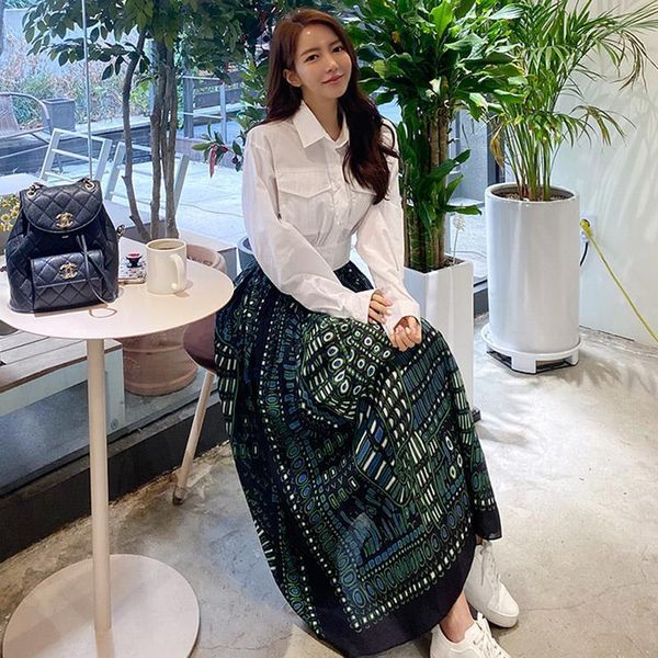 

green fashion printed high waist skirts women 2 pieces set white cotton shirt crop and long skirt sets two pieces outfits, Gray