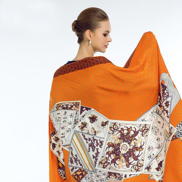 

scarves 130*130cm twill silk scarf women classic poker horse pattern womans fashion big square shawl summer ladies pashmina, Blue;gray