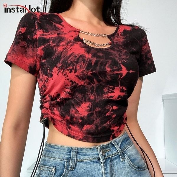 

instatie dye women's t shirt gothic punk streetwear short sleeve summer chain drawstring side crop t shirt 210315, White