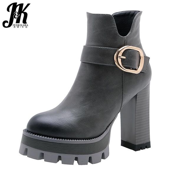 

boots jk high heels thick women motorcycle ankle boot ladies zip shoes female round toe platform pu winter, Black