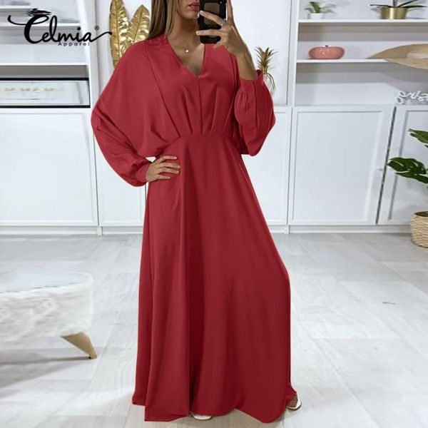 

casual dresses celmia elegant pleated maxi v neck holiday waisted women dress robe long bat sleeve baggy 2021 autumn vestidos, Black;gray