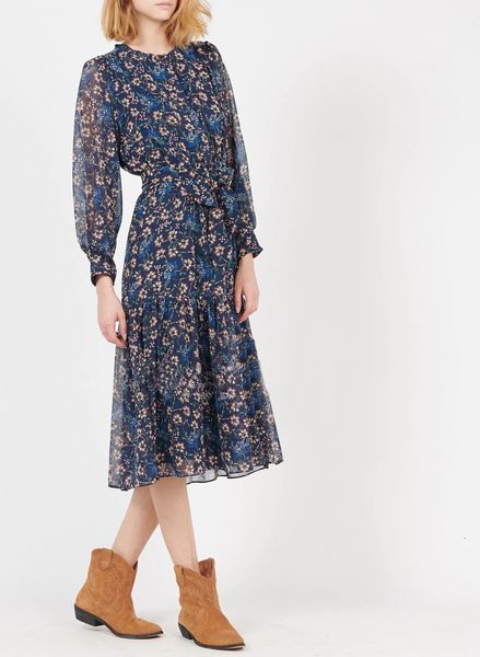 

new 2021 spring and summer women's temperament french flower print long-sleeved blue waist belt was thin mid-length sdft, Black;gray