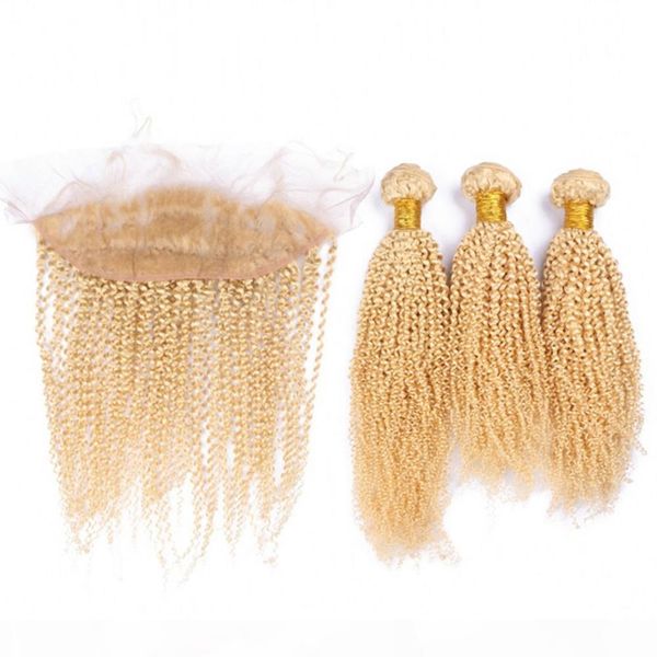 

kinky curly malaysian human hair kinky curly weaves with 13x4 lace frontal closure pure #613 blonde 3bundles with lace frontal 4pcs lot, Black;brown