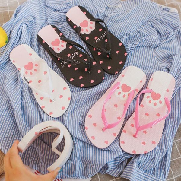 

slippers drop fashion 2021 women summer cartoon cute cat foot print for girl flip flops beach casual sandals, Black