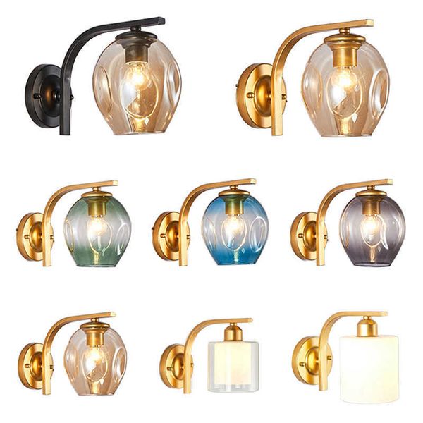 Moderne Farbleuchte Wandleuchte Glas Lampenschirm Loft Dekorative Innenkorridor LED Wandleuchten Leuchten E27 Schwarz Gold Blau 210724